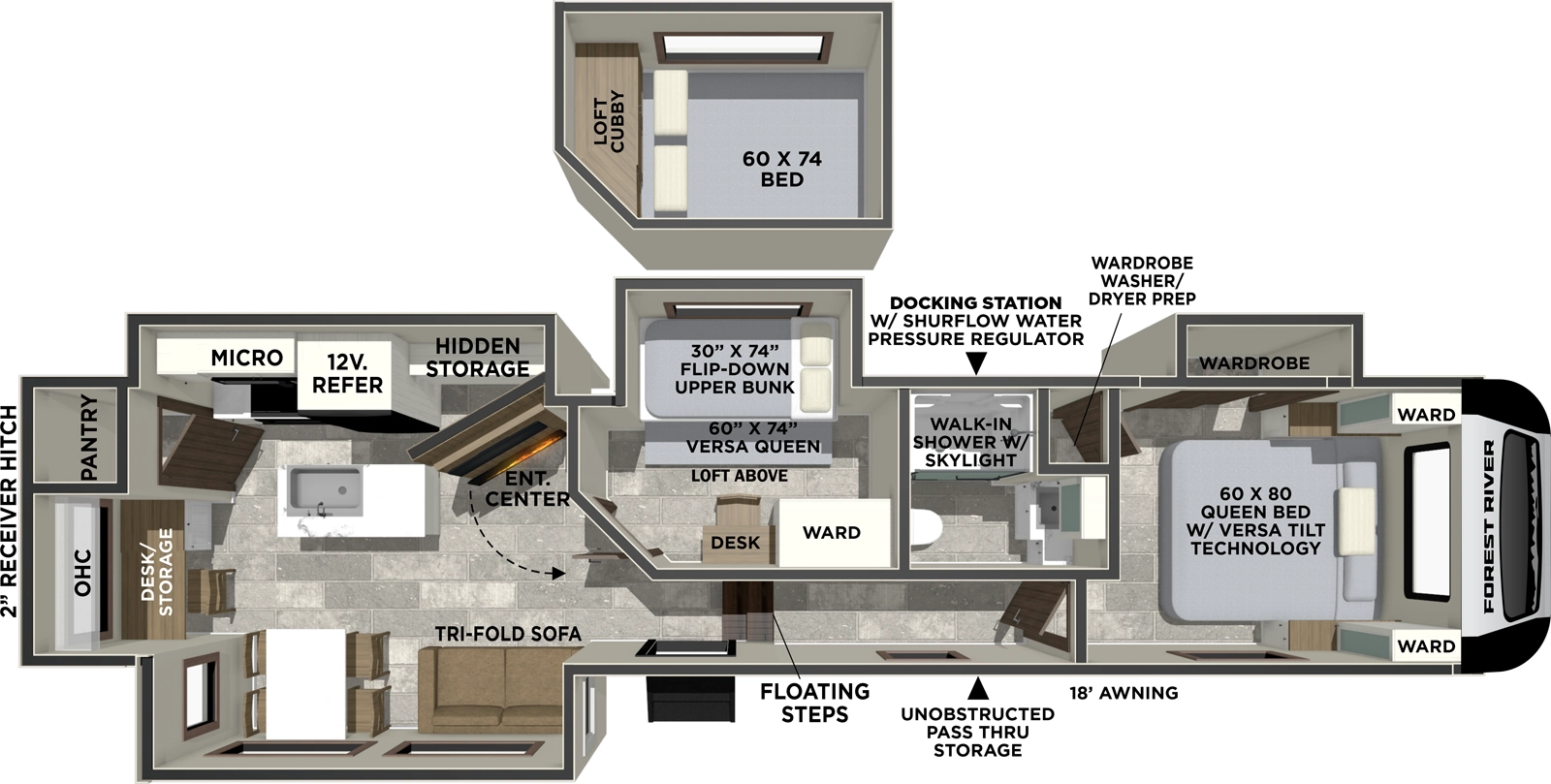 The Impression 315MB floorplan has one entry and four slide outs. Exterior features include: fiberglass exterior, 18' awning and outside kitchen. Interiors features include: bunk beds, loft, kitchen island, free-standing dinette option and front bedroom.